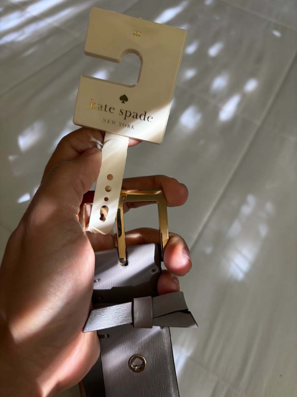 New! Kate spade Pale Gray Leather Bow-Accent Belt with Gold Buckle XS